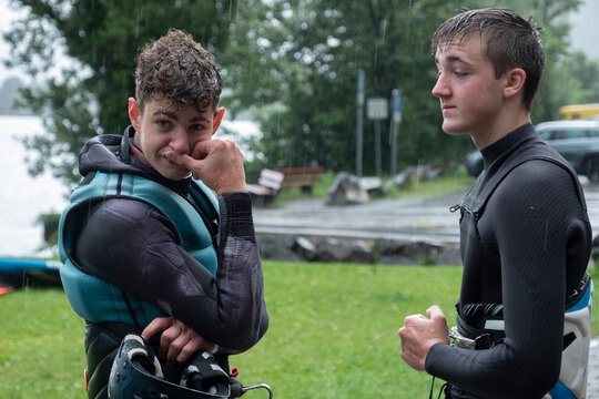 Windsurfers waiting for the weather to improve.
