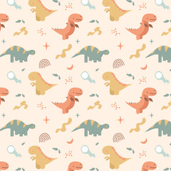 Childish Cute Dino Digital Paper Seamless Background with Retro Style