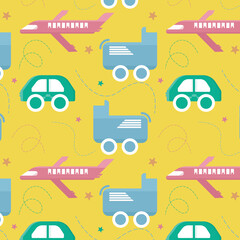 Kids Toy Seamless Pattern Childish Background with car and Aeroplan