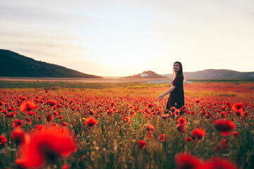 Fototapeta premium A young woman poses in a field with red wild poppies at sunset. Front view.