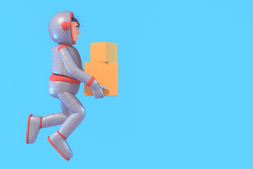 3d render of cheerful astronaut in space suit holding package boxes. Deliver anywhere, anytime concept