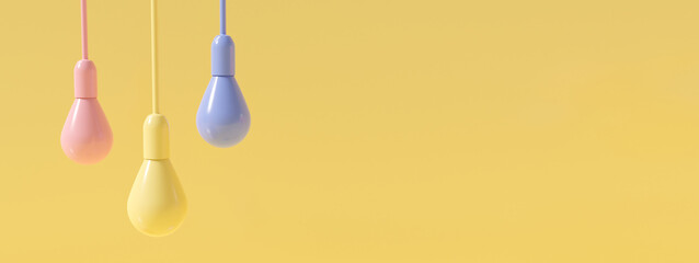 Pastel cute 3d rendering of bulb lamp light. Lightbulb idea on yellow background.