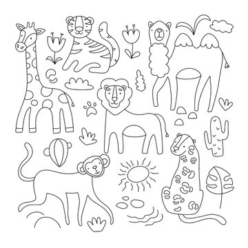 Vector drawing in doodle style, set of cute children's illustrations of African animals, giraffe, monkey, tiger, lion, cheetah, camel.