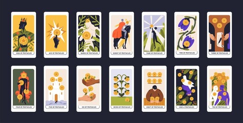 Suit of Coins in occult tarot cards deck. Minor arcanas designs set with Ace, Knight, King, Queen, Page of Pentacles signs and symbols in modern style. Isolated colored flat vector illustrations - obrazy, fototapety, plakaty