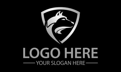 Monochrome Black and White Wolf Head in Shield Logo Design