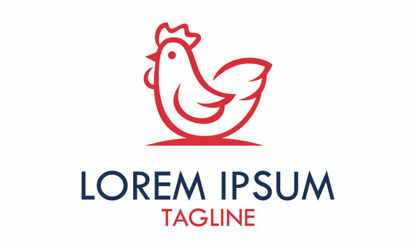 Red Color Line Art chicken Logo Design