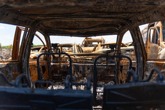 Interior of a burnt-out car. District of the city of Bucha and I