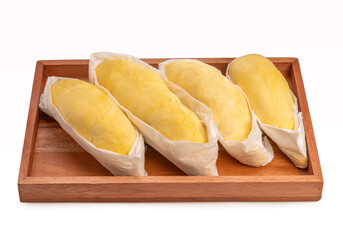 Tray of Mon Thong durian King of Fruits ready to serve, Durian tropical fruit on white background with clipping path.