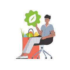 The guy sits next to a bag of healthy food and reposts the EKO icon. Isolated. Trend style, vector illustration. - obrazy, fototapety, plakaty