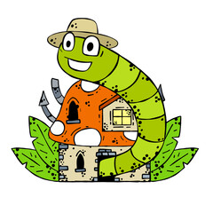 Mushroom house with funny caterpillar. Fairy tale children drawing.