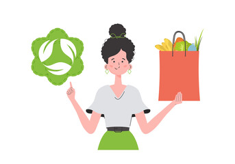 The girl is depicted waist-deep and holds a bag of healthy food in her hands and shows the EKO icon. Isolated. Trend vector illustration. - obrazy, fototapety, plakaty