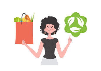 The girl is depicted waist-deep and holds a bag of healthy food in her hands and shows the EKO icon. Isolated. Flat trendy style. Vector. - obrazy, fototapety, plakaty