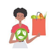 The girl is depicted waist-deep and holds a bag of healthy food in her hands and shows the EKO icon. Isolated on white background. Trend style, vector illustration. - obrazy, fototapety, plakaty