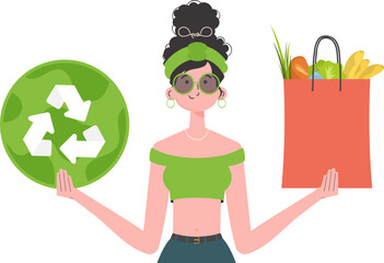 The woman is shown waist-deep and holding a bag of healthy food in her hands and showing the EKO icon. Isolated on white background. Trend style, vector illustration. - obrazy, fototapety, plakaty