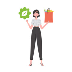 The woman is depicted in full growth and holds a bag of healthy food in her hands and shows the EKO icon. Isolated on white background. Trend vector illustration. - obrazy, fototapety, plakaty