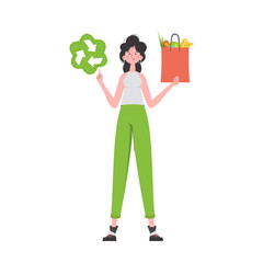 The woman is depicted in full growth and holds a bag of healthy food in her hands and shows the EKO icon. Isolated. Trend style, vector illustration. - obrazy, fototapety, plakaty