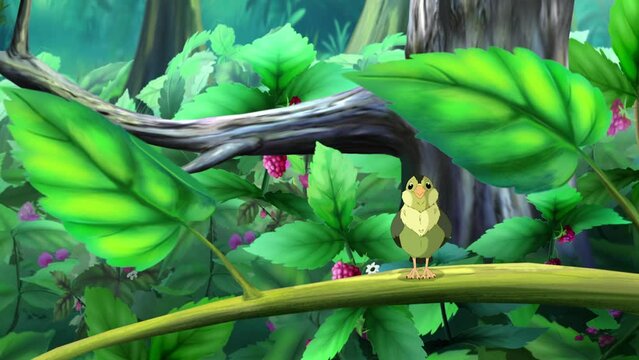 Green canary and her chick in the forest