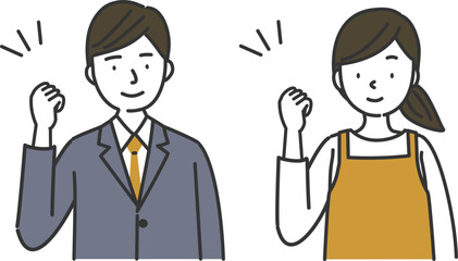 ガッツポーズをするスーツを着た男性とエプロンを着けた女性