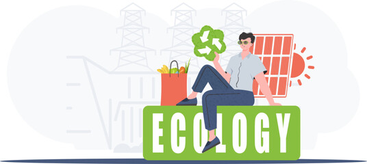 A man sits next to a package of proper food and holds an EKO icon. Ecology and green planet concept. Trend vector illustration. - obrazy, fototapety, plakaty