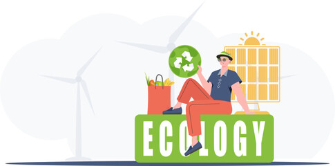 A man sits next to a package of proper food and holds an EKO icon. Ecology and green planet concept. Flat trendy style. Vector.