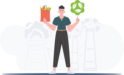 A full-length man is shown holding an EKO icon and a package of proper nutrition. The concept of ecology, zero waste and healthy eating. Trend vector illustration. - obrazy, fototapety, plakaty
