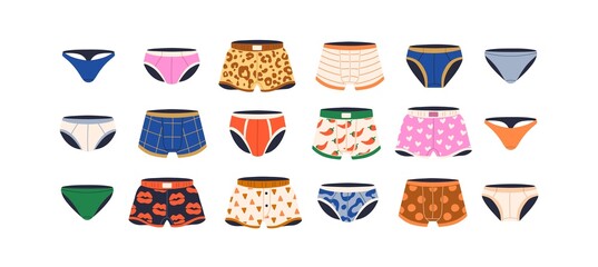 Men underwear set. Male underpants, trunks, panties of different types, shapes. Boxers, briefs, thongs pants models. Modern underclothing. Flat vector illustrations isolated on white background - obrazy, fototapety, plakaty