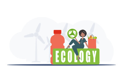 A woman sits next to a package of proper food and holds an EKO icon. The concept of ecology, recycling and green planet. Flat trendy style. Vector. - obrazy, fototapety, plakaty