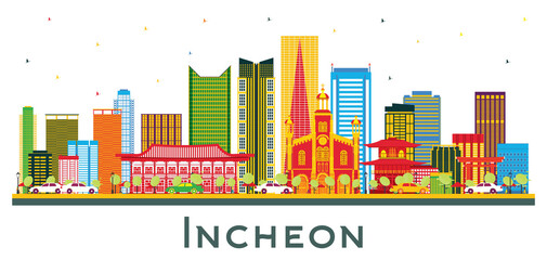 Incheon South Korea City Skyline with Color Buildings and Blue Sky.