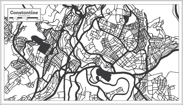 Constantine Algeria City Map in Retro Style in Black and White Color. Outline Map.