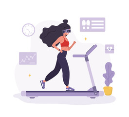 Metaverse sport. Woman in VR glasses running on treadmill. Workout and fitness. Cyberspace or Virtual reality concept. Modern technology for health. Vector illustration in flat cartoon style.