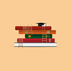 uccess for education concept. books stack and
stairs to goal. with cap and diploma. object isolate from background. education, goal, business, marketing, learning.
