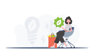 A woman sits next to a package with healthy food and holds an EKO icon. The concept of ecology, zero waste and healthy eating. Flat trendy style. Vector. - obrazy, fototapety, plakaty