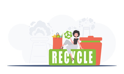 A girl sits next to a package of proper food and holds an EKO icon. The concept of ecology, recycling and green planet. Trend style, vector illustration.