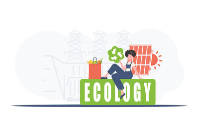 A woman sits next to a package of proper food and holds an EKO icon. Ecology and green planet concept. Trend vector illustration. - obrazy, fototapety, plakaty