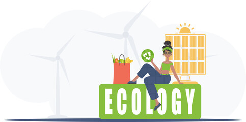 A woman sits next to a package of proper food and holds an EKO icon. Ecology and green planet concept. Flat trendy style. Vector. - obrazy, fototapety, plakaty