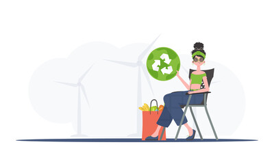 A woman sits next to a package with healthy food and holds an EKO icon. Healthy food, ecology, recycling and zero waste concept. Flat trendy style. Vector. - obrazy, fototapety, plakaty