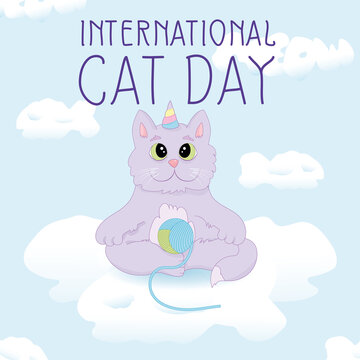 International cat day. Violet cat with corn sitting on the cloud in the blue sky with clew