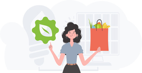 The woman is shown waist-deep holding an EKO icon and a package of proper nutrition. The concept of ecology, zero waste and healthy eating. Trend vector illustration. - obrazy, fototapety, plakaty