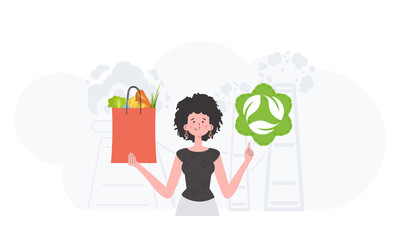 The girl is depicted waist-deep holding an EKO icon and a bag of proper nutrition. Healthy food, ecology, recycling and zero waste concept. Trend style, vector illustration. - obrazy, fototapety, plakaty