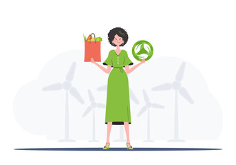 The girl is depicted in full growth holding an EKO icon and a package with proper nutrition. Healthy food, ecology, recycling and zero waste concept. Flat trendy style. Vector. - obrazy, fototapety, plakaty