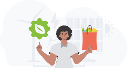 The man is shown waist-deep holding an EKO icon and a bag of proper nutrition. The concept of ecology, zero waste and healthy eating. Trend style, vector illustration. - obrazy, fototapety, plakaty