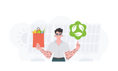 The man is shown waist-deep holding an EKO icon and a bag of proper nutrition. The concept of ecology, zero waste and healthy eating. Flat trendy style. Vector. - obrazy, fototapety, plakaty