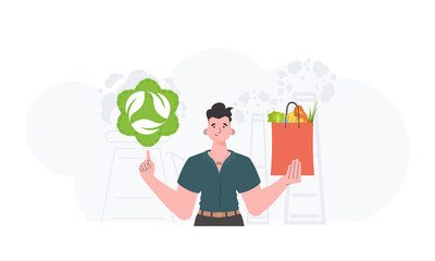 The guy is shown waist-deep holding an EKO icon and a bag of proper nutrition. Healthy food, ecology, recycling and zero waste concept. Trend style, vector illustration. - obrazy, fototapety, plakaty