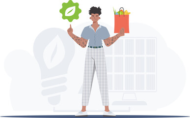 The guy is depicted in full growth holding an EKO icon and a package with proper nutrition. Healthy food, ecology, recycling and zero waste concept. Trend style, vector illustration. - obrazy, fototapety, plakaty