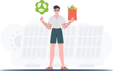 The guy is depicted in full growth holding an EKO icon and a package with proper nutrition. Healthy food, ecology, recycling and zero waste concept. Trend vector illustration. - obrazy, fototapety, plakaty