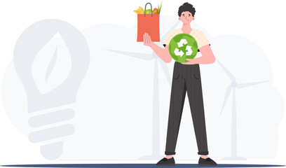 A full-length man is shown holding an EKO icon and a package of proper nutrition. The concept of ecology, zero waste and healthy eating. Trend style, vector illustration. - obrazy, fototapety, plakaty