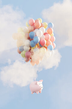 Savings concept: piggy bank floating in sky with balloons