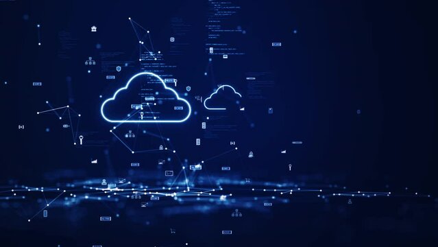 Cloud and edge computing technology concepts with cybersecurity data protection. Three large cloud icons stand out on the left. polygon connection slow motion small icon on dark blue background.