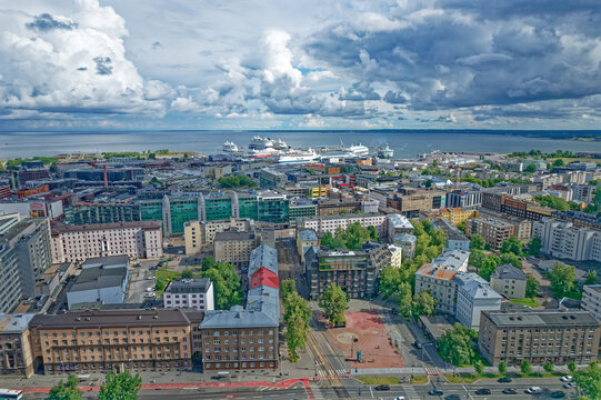 Aerial view of business district in city Tallinn Estonia