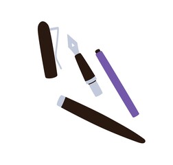 Parts of dip pen tool for calligraphy. Nib, ink reservoir, cap of calligraphic accessory. Disassembled stationery supplies for hand writing. Flat vector illustration isolated on white background